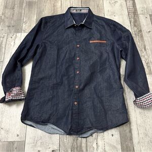 Coofandy Men’s Charcoal Long Sleeve Button Contrast Collar Flip Cuff Dark Denim